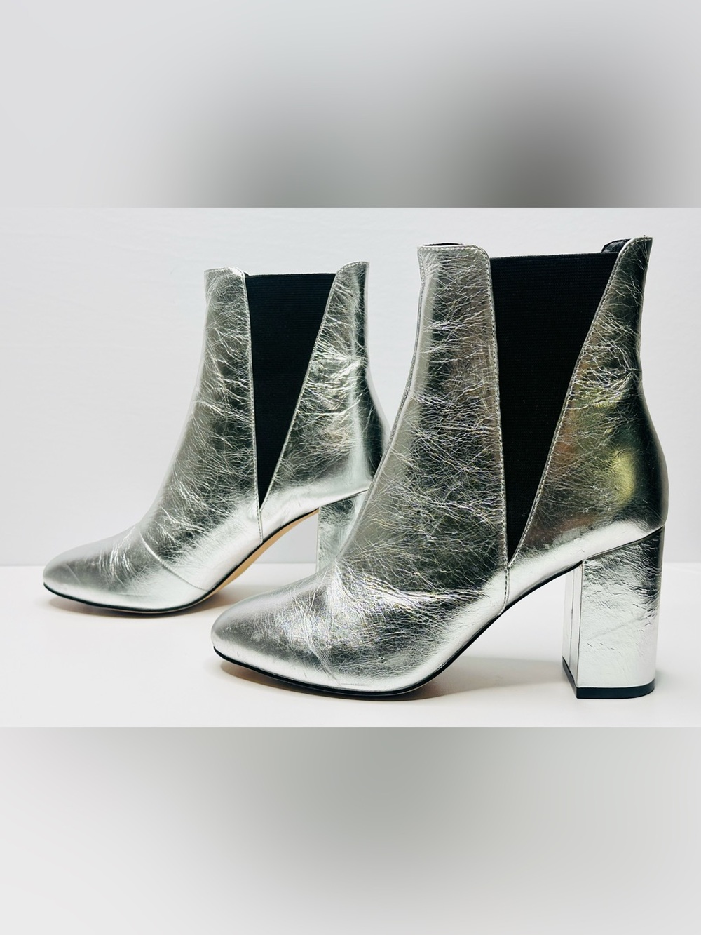 Rebecca Minkoff Womens Serena Silver Metallic Leather Block Heel Bootie Boot NWT